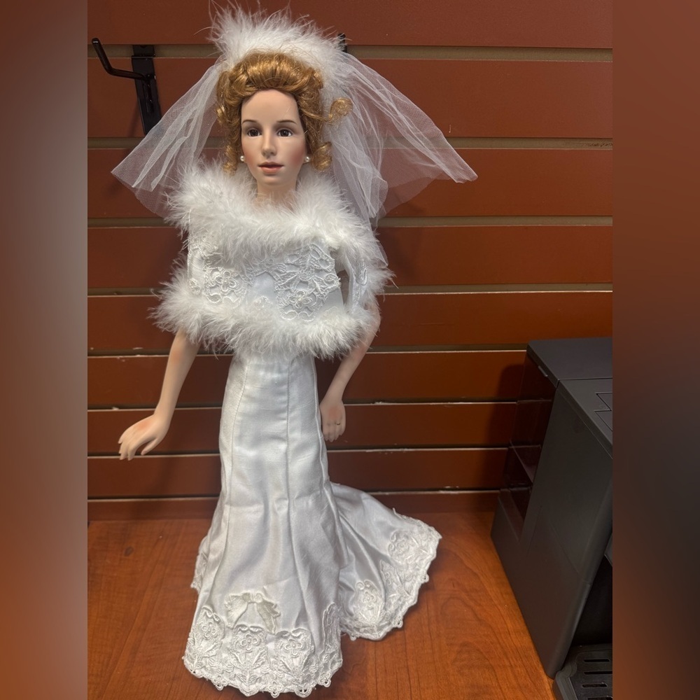 White Bridal Doll with Veil and Lace